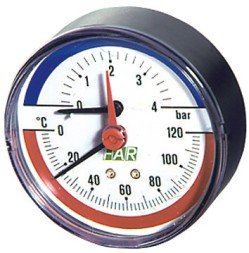 Термоманометр FAR 0-4 бар, 0-120 C, O 80 мм, торцевое соединение 1/2